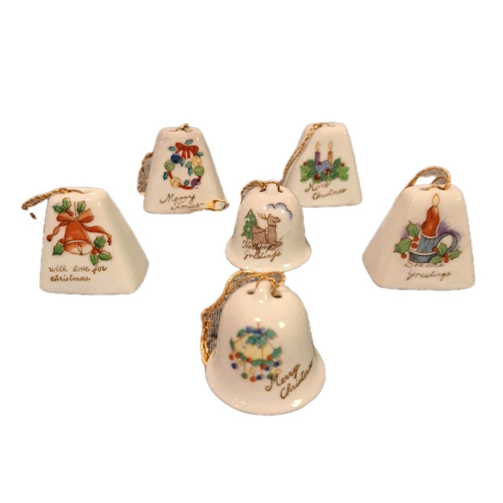 Vintage Miniature Christmas Bell Ornament set of   Porcelain Hand Painted Japan